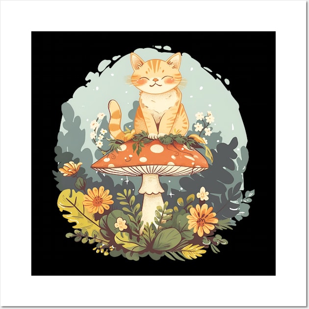 Vintage Cute mushroom Cat Floral Garden Kawaii Kitten Wall Art by RetroZin